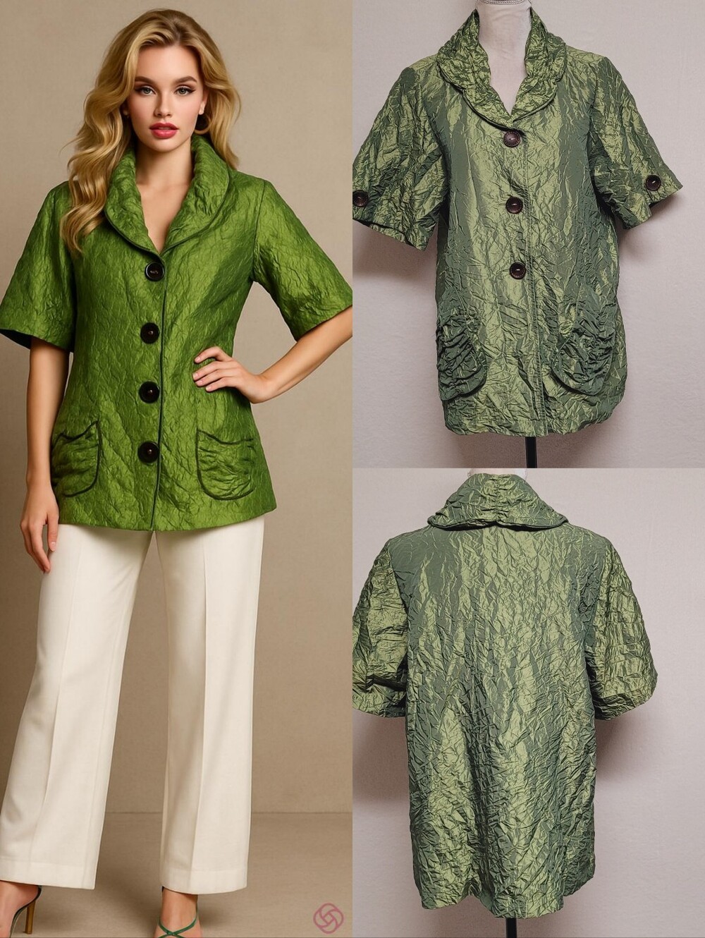 Rare Vintage Sidestreet Boutique Metallic Lime Green Shawl Collar Crinkle Jacket